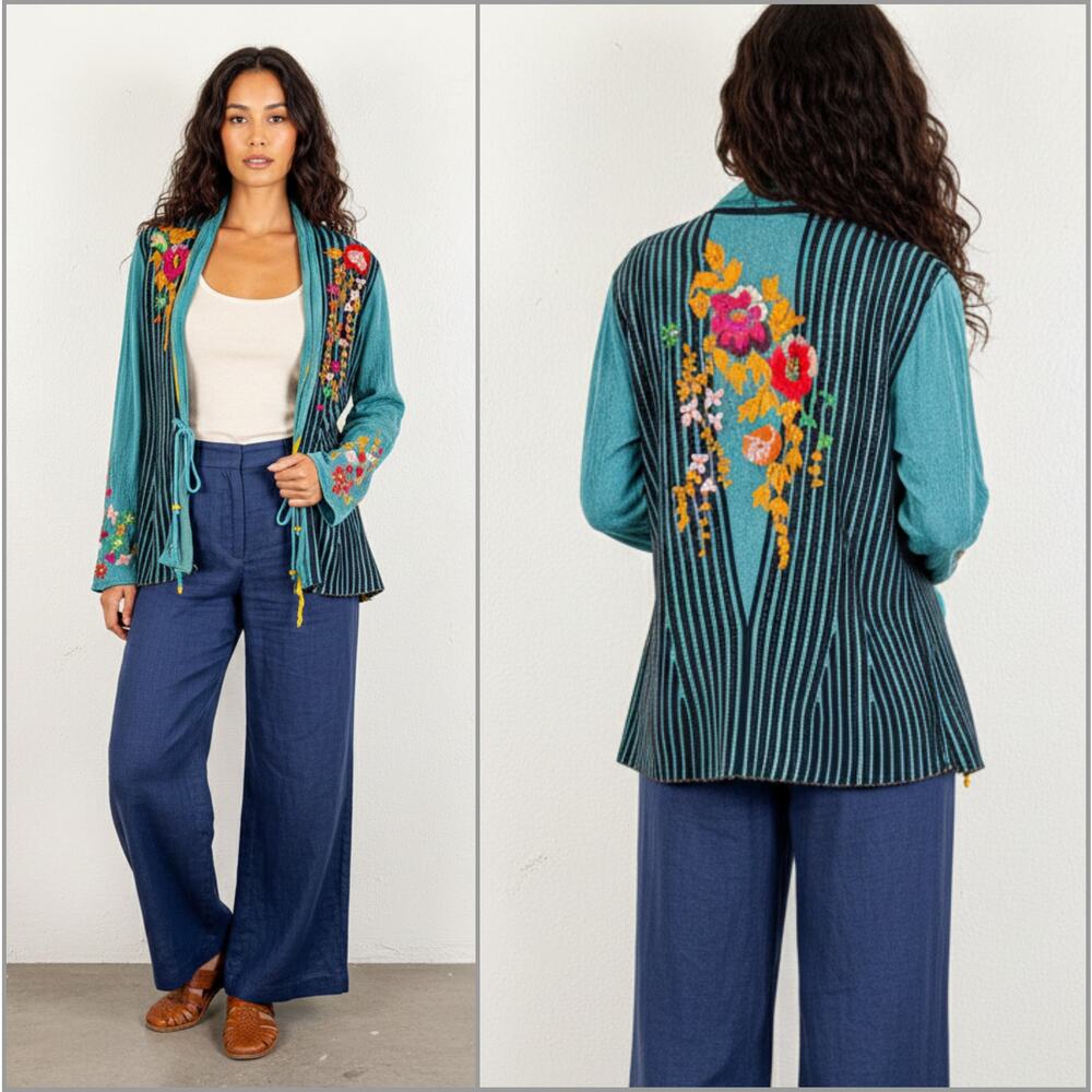 IVKO Women's Floral Embroidered cardigan top in teal multi size 40